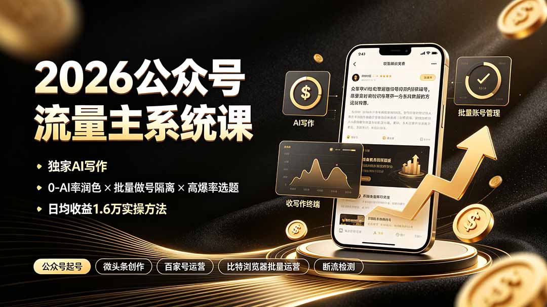 [公众号]（19405期）2026公众号流量主系统课：独家AI写作×0-AI率润色×批量做号隔离×高爆率选题，日均收益1.6万实操方法-第1张图片-智慧创业网