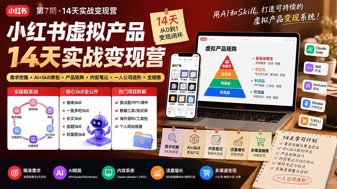 [小红书]（19712期）小红书虚拟产品14天实战变现营-第7期：需求挖掘×AI+Skill原创×产品矩阵×内容笔记×一人公司进阶×全链路-第2张图片-智慧创业网