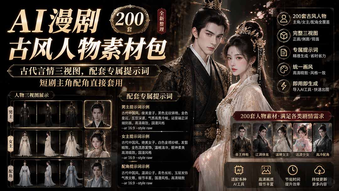 [AI人工智能]（19693期）AI漫剧古风人物素材包+提示词｜200 套古代言情三视图，配套专属提示词短剧主角配角直接套用-第1张图片-智慧创业网