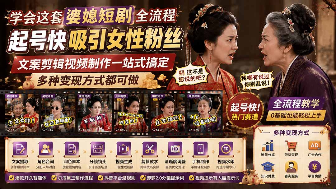 [短视频运营]（19704期）学会这套婆媳短剧全流程：起号快吸引女性粉丝，文案剪辑视频制作一站式搞定，多种变现方式都可做-第1张图片-智慧创业网