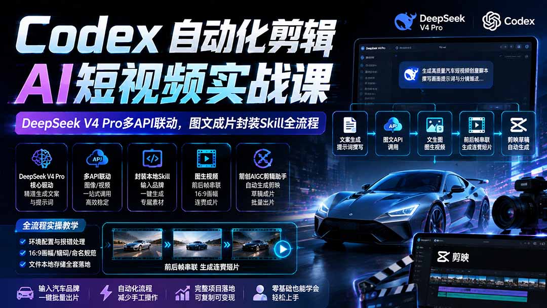 [AI人工智能]（19711期）Codex自动化剪辑AI短视频实战课｜DeepSeek V4 Pro多API联动，图文成片封装Skill全流程-第2张图片-智慧创业网