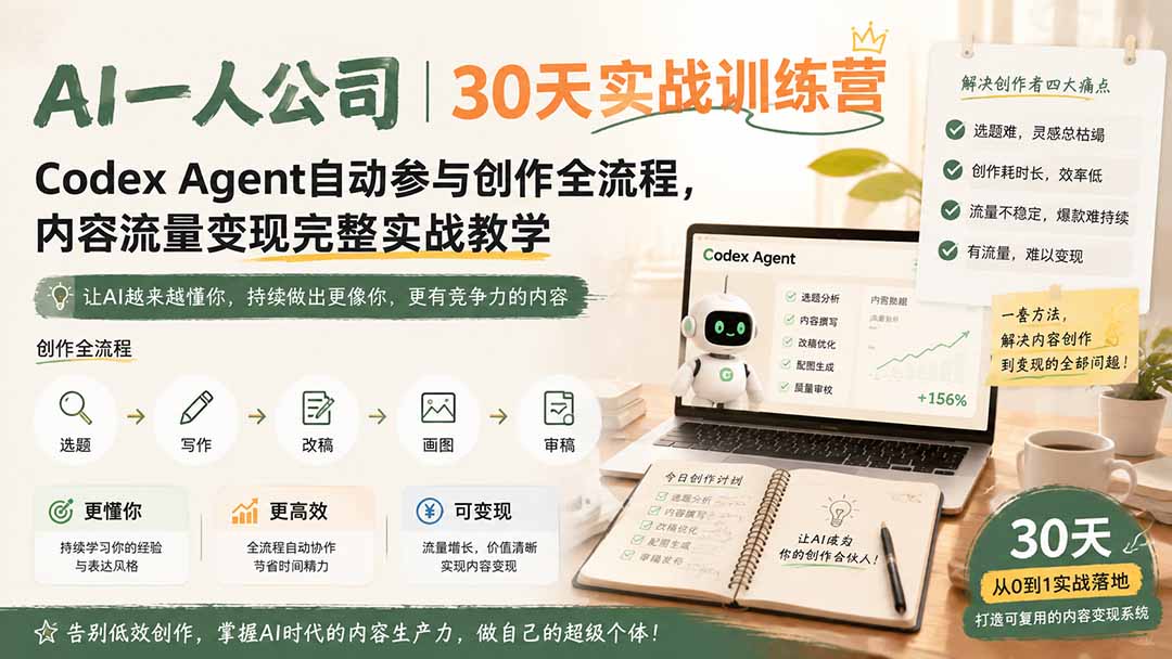 [AI人工智能]（19812期）AI一人公司｜30天实战训练营；Codex Agent自动参与创作全流程，内容流量变现完整实战教学-第1张图片-智慧创业网