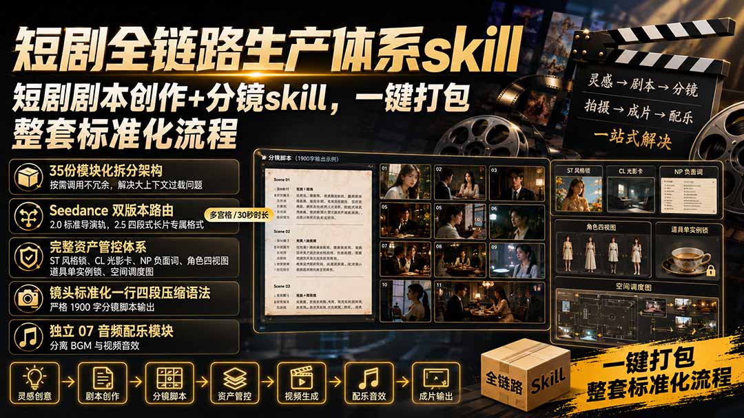 [AI人工智能]（19911期）短剧全链路生产体系skill，短剧剧本创作+分镜skill，一键打包，整套标准化流程-第1张图片-智慧创业网