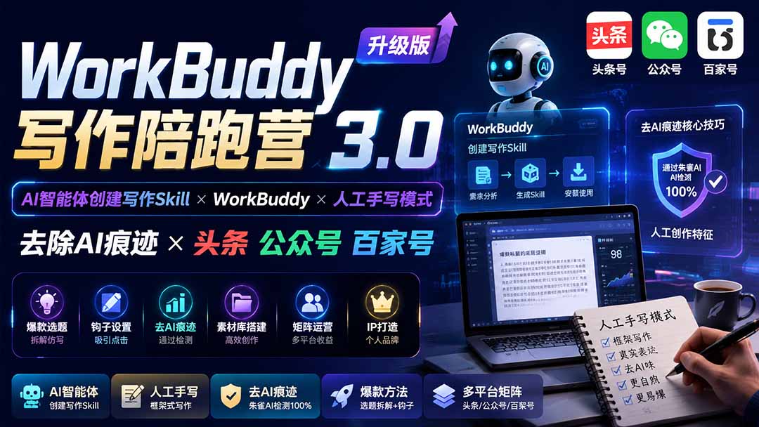 [AI人工智能]（19920期）WorkBuddy写作陪跑营3.0-更新：Ai智能体创建写作Skill×WorkBuddy×人工手写模式×去除AI痕迹×头条公众号百家号-第1张图片-智慧创业网