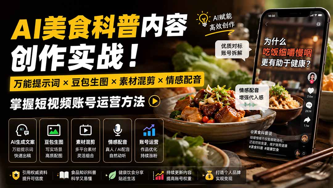 [短视频运营]（19730期）外面卖199元-AI美食科普内容创作实战！万能提示词×豆包生图×素材混剪×情感配音，掌握短视频账号运营方法-第2张图片-智慧创业网